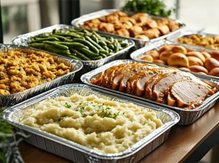 Buffet-style catering spread with mashed potatoes, turkey, stuffing, green beans, and dinner rolls by Michaelis Events – Top Event Planners in Louisville KY & Best Wedding Caterers.