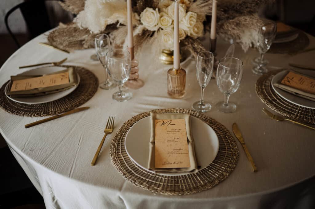Bourbon themed place setting at event at The Pointe in Louisville KY by Michaelis Events