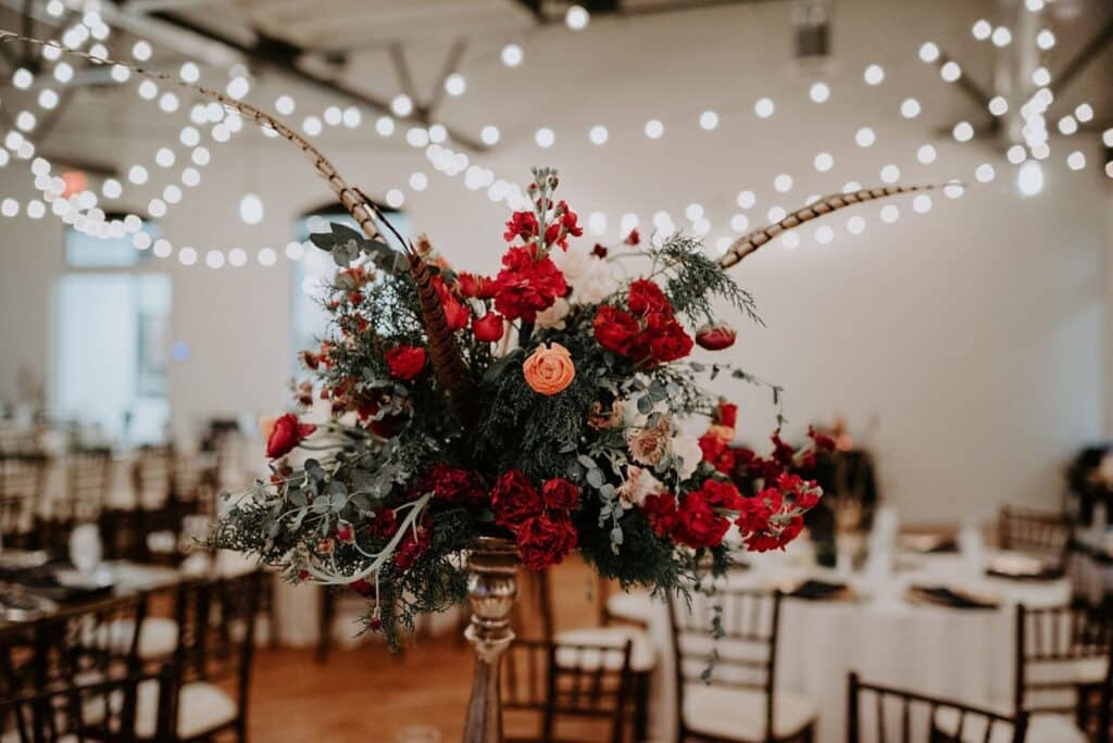 Burgundy Fall wedding flower centerpiece at The Pointe venue in Louisville KY