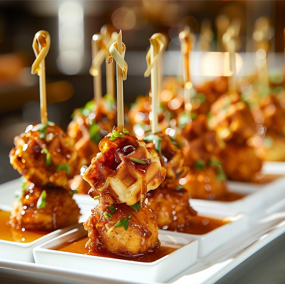 Mini chicken and waffle skewers with syrup, served at a Michaelis Events corporate Derby event at the Frazier History Museum.