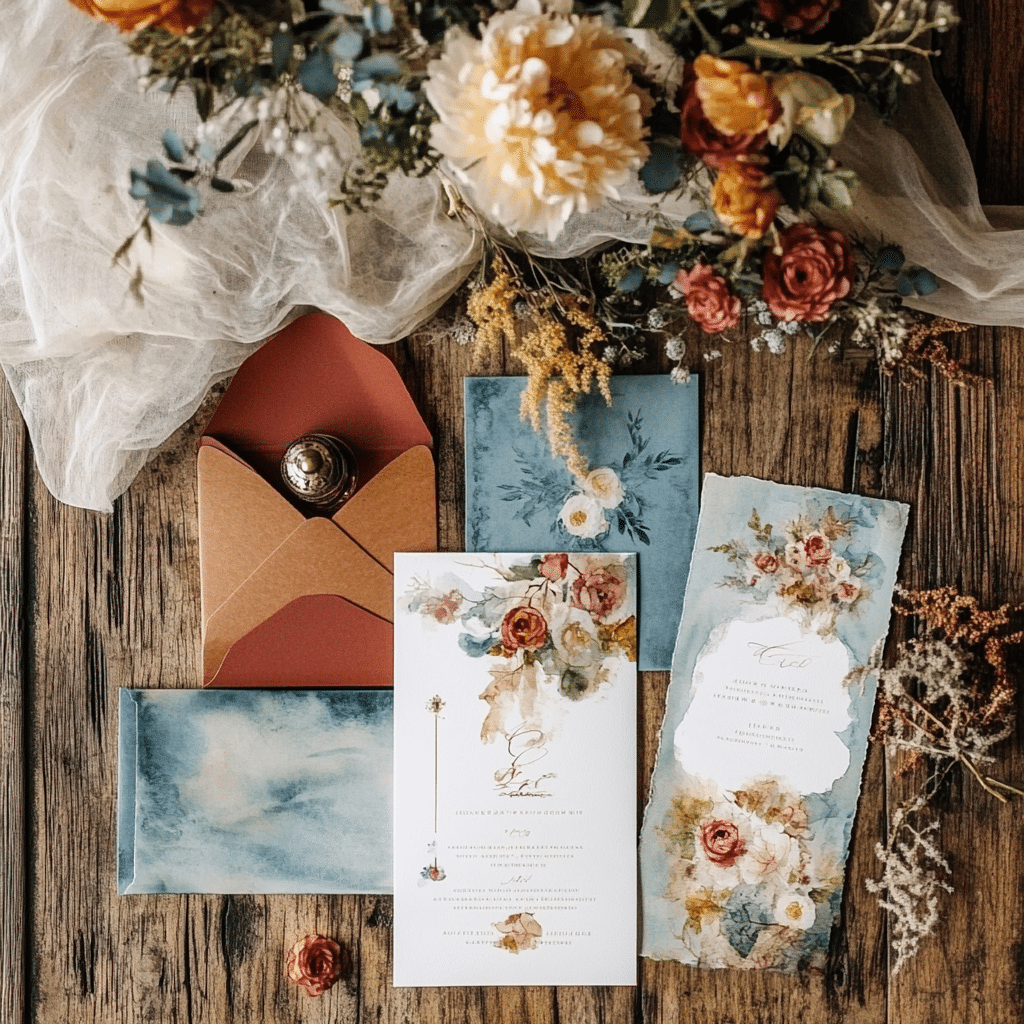 Flat lay of floral-themed bridal shower invitations and envelopes with watercolor details and seasonal blooms on a rustic wooden table