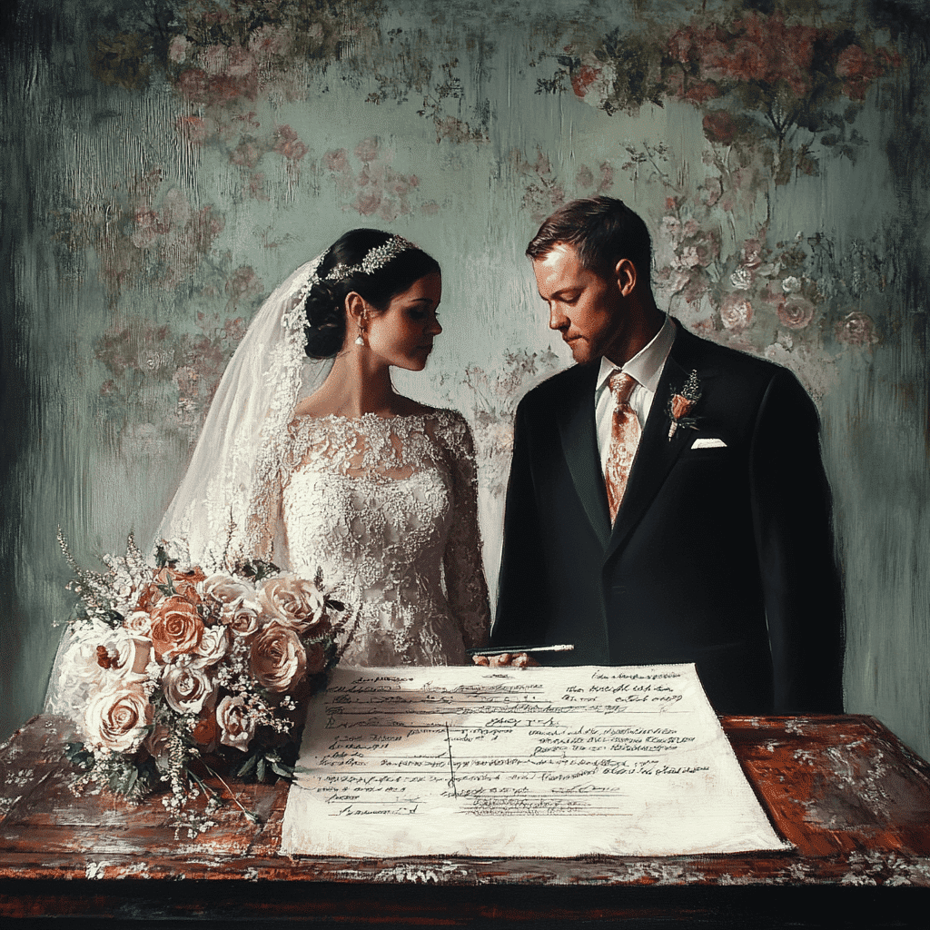 Close-up of a bride and groom signing their marriage license with floral accents and official paperwork styled by Michaelis Events.