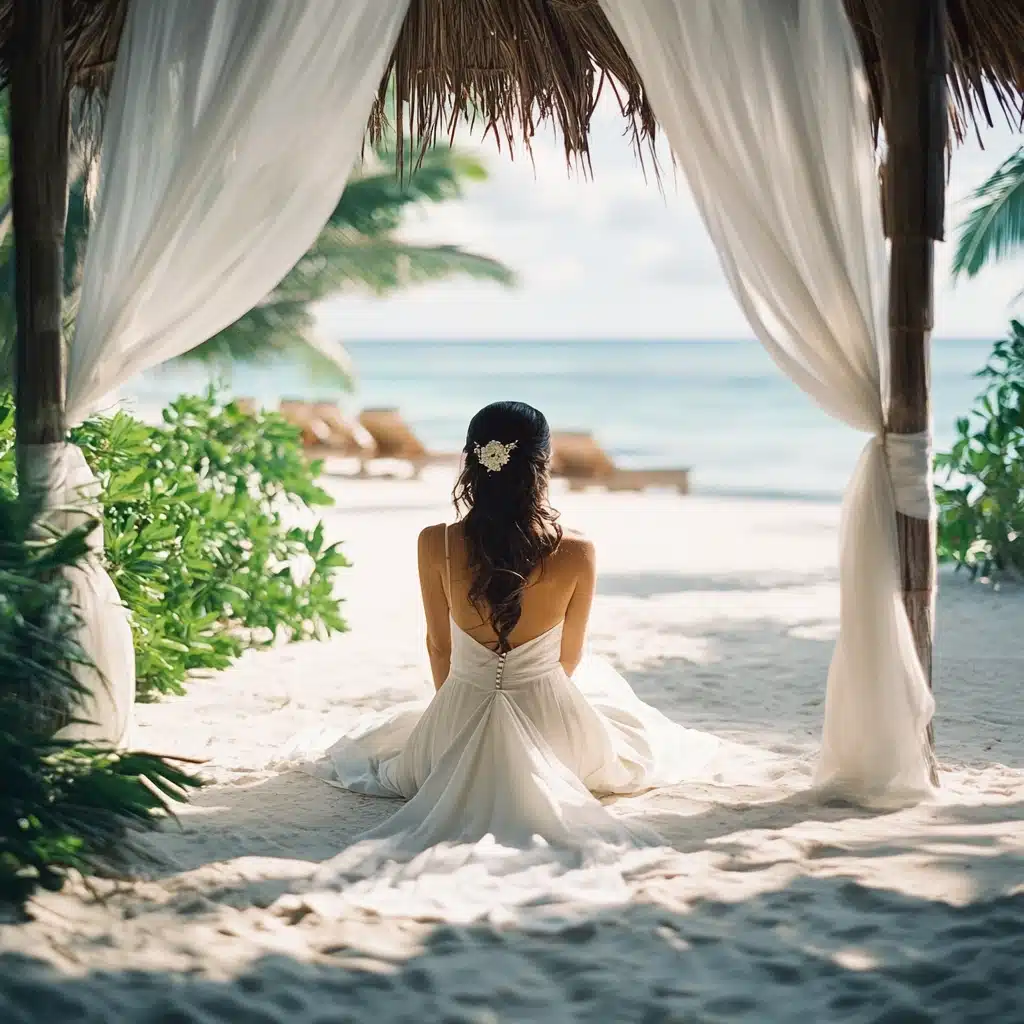Bride in a wedding dress sitting under a beach cabana, gazing at the ocean during her tropical honeymoon, symbolizing the perfect post-wedding getaway