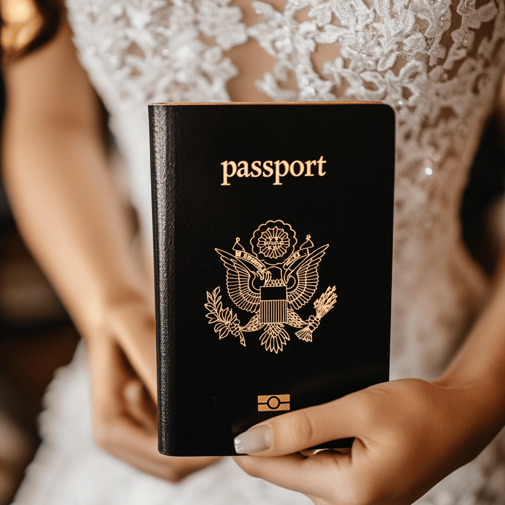 Bride in lace wedding dress holding a U.S. passport, preparing for international honeymoon travel after wedding and name change