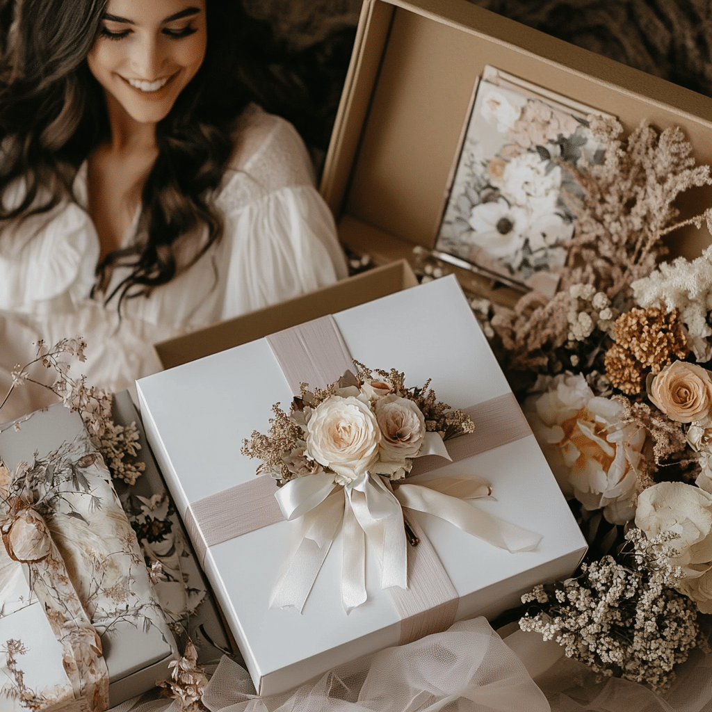 Bride smiling beside wedding gift boxes wrapped in silk ribbon and decorated with cream roses and dried flowers.