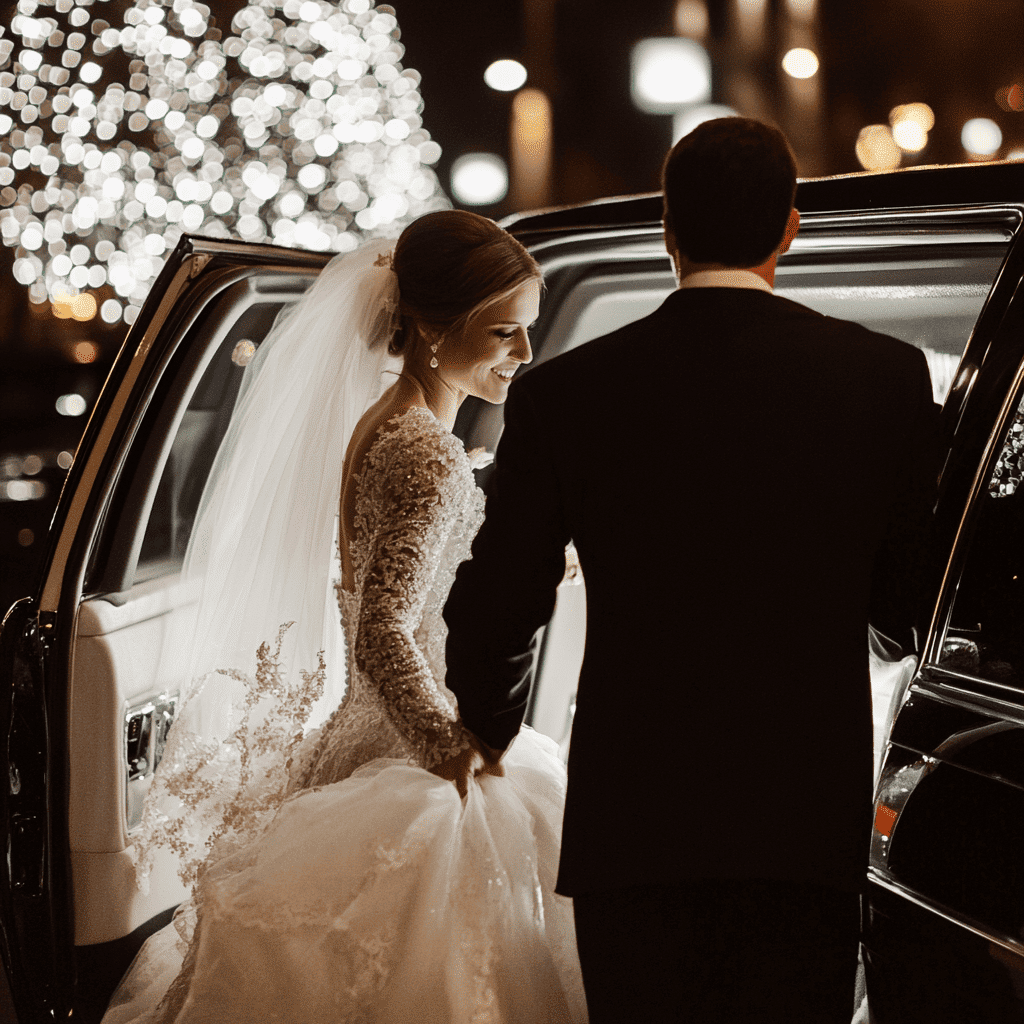 Bride and groom entering a luxury wedding vehicle at night, with glowing city lights and bokeh in the background