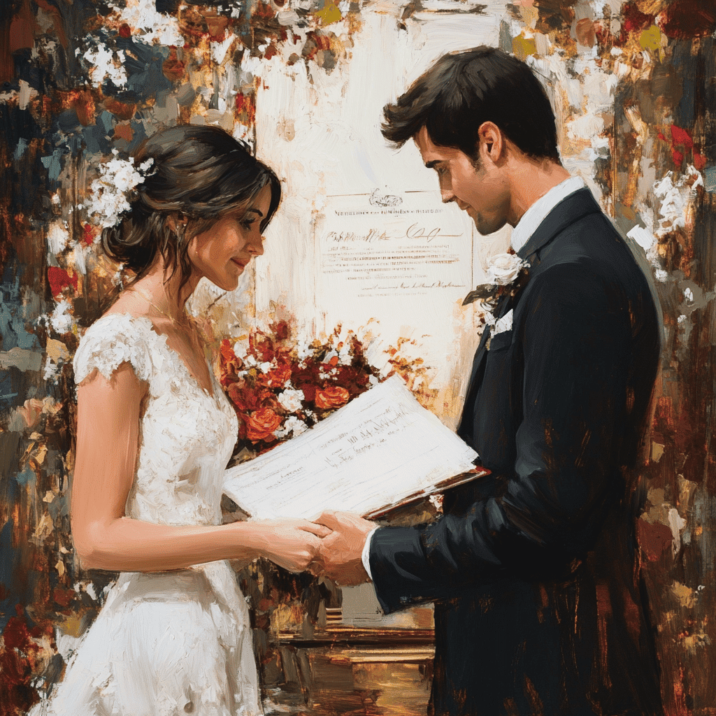 Bride and groom signing their marriage license with a witness present, captured at an intimate ceremony coordinated by Michaelis Events.