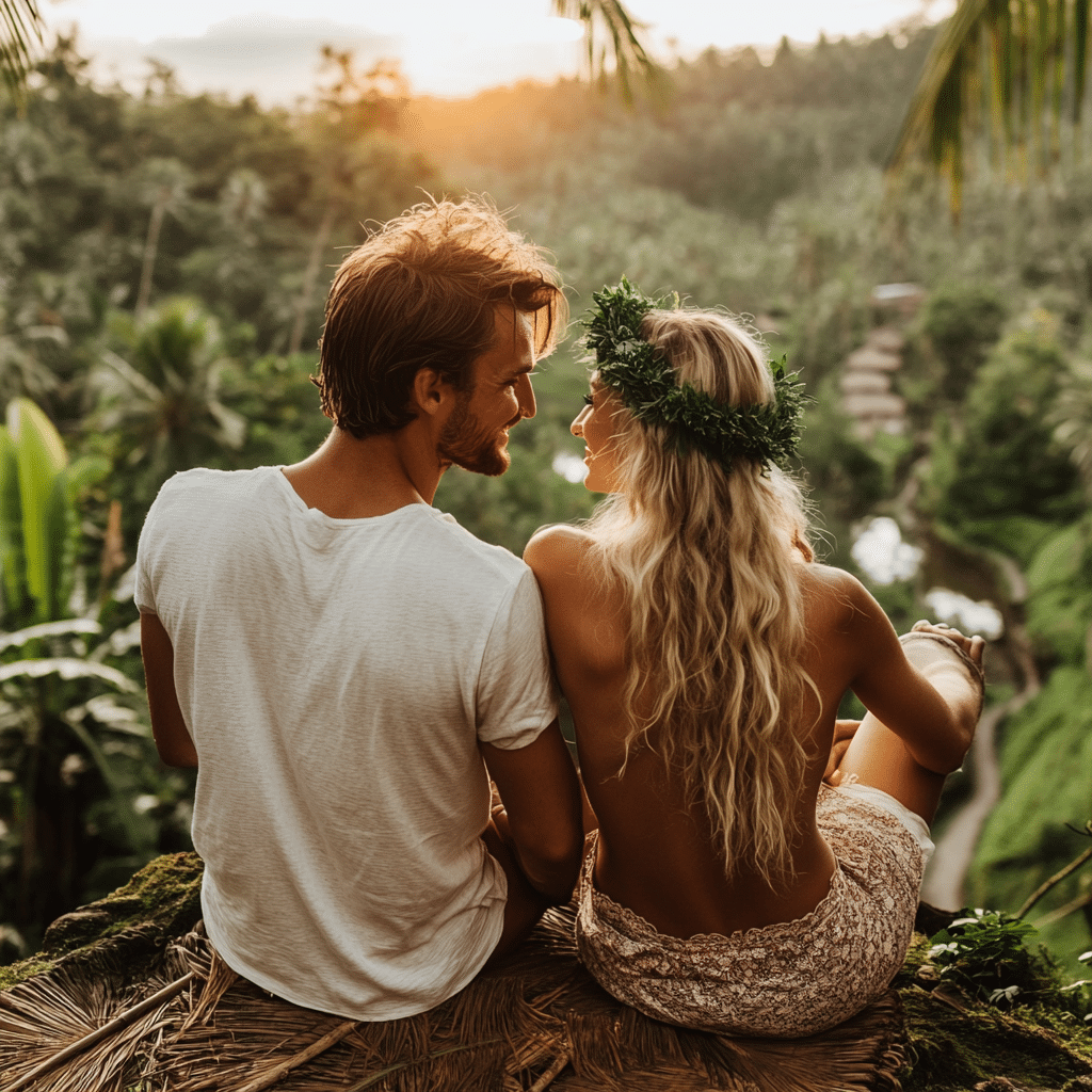 Newlywed couple walking on a tropical beach during their honeymoon, representing a dream post-wedding getaway planned with travel tips and destination advice