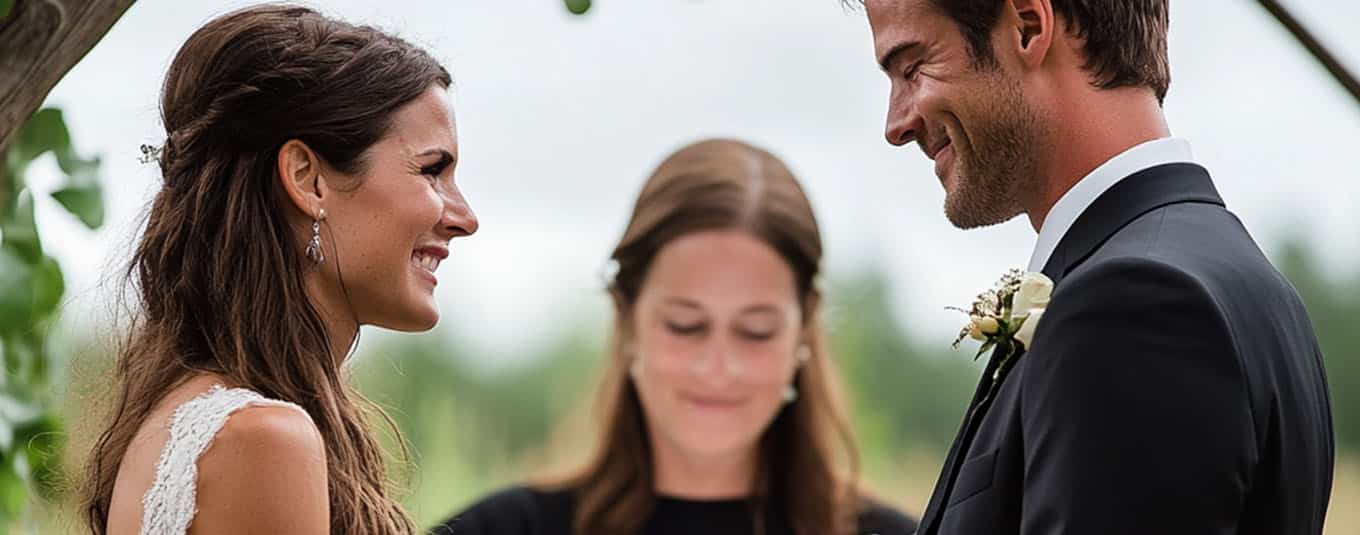 Experienced wedding officiant guiding a heartfelt ceremony, emphasizing professionalism, reputation, and personalized storytelling for couples in love