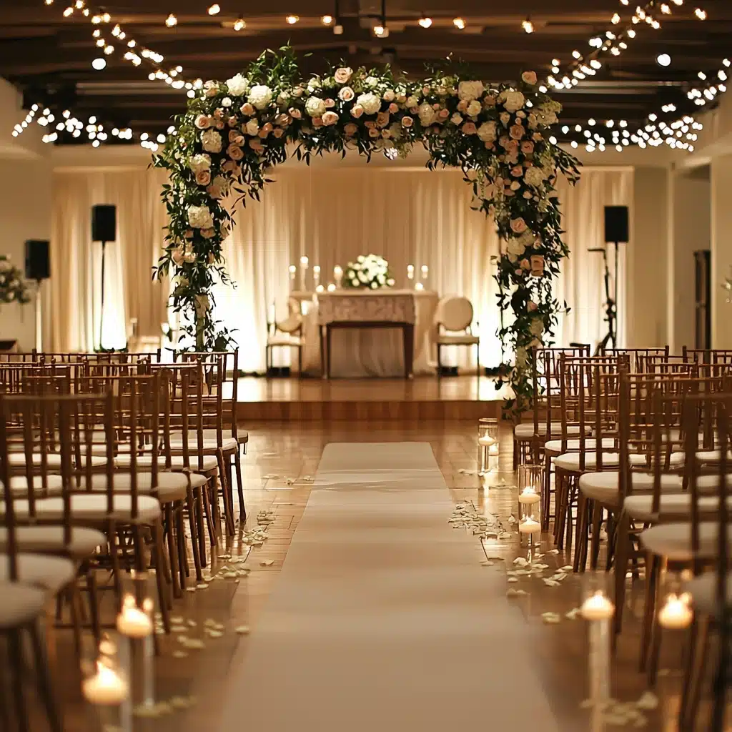 Elegant indoor wedding ceremony setup featuring floral arch, ambient lighting, and positioned speakers—ideal example of sound logistics and wedding venue acoustics_