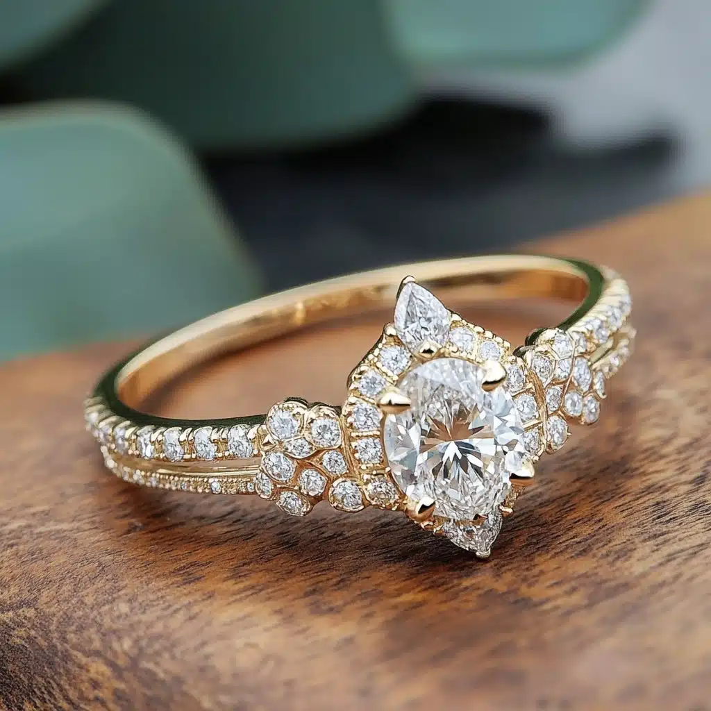 Intricately designed wedding ring featuring an ornate diamond setting and layered diamond bands, perfect for vintage-inspired brides_