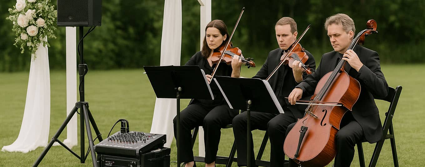 Wedding musicians rehearsing before a ceremony, showcasing coordination and communication tips by Michaelis Events