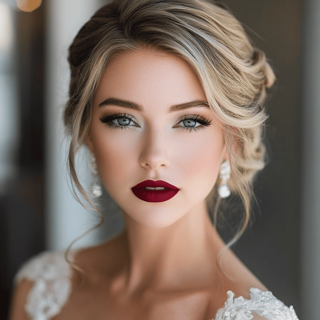 Bride with elegant updo hairstyle, bold red lipstick, dramatic eye makeup, and lace wedding dress