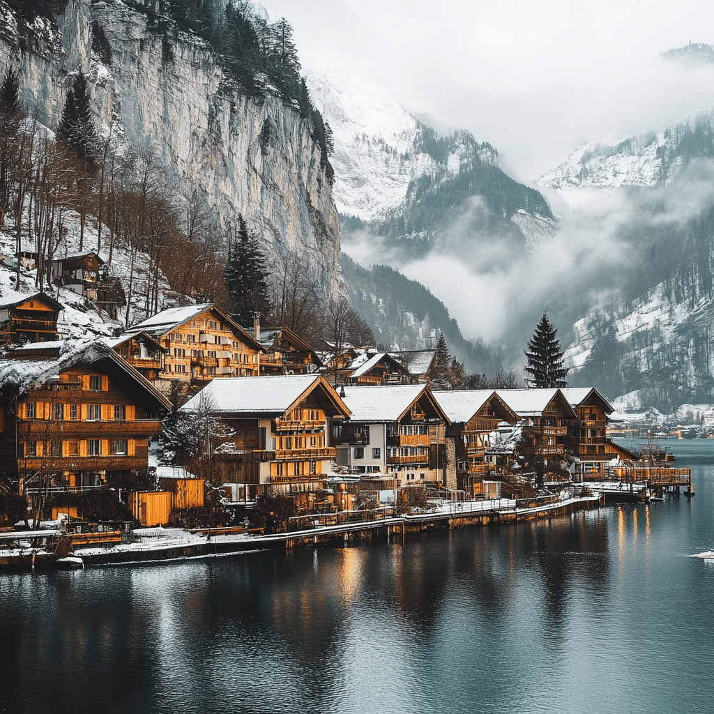 Newlyweds arriving at a snowy chalet resort in St. Moritz, Switzerland, surrounded by pine trees and twinkling lights—curated by Michaelis Events for a cozy and glamorous honeymoon after their wedding.