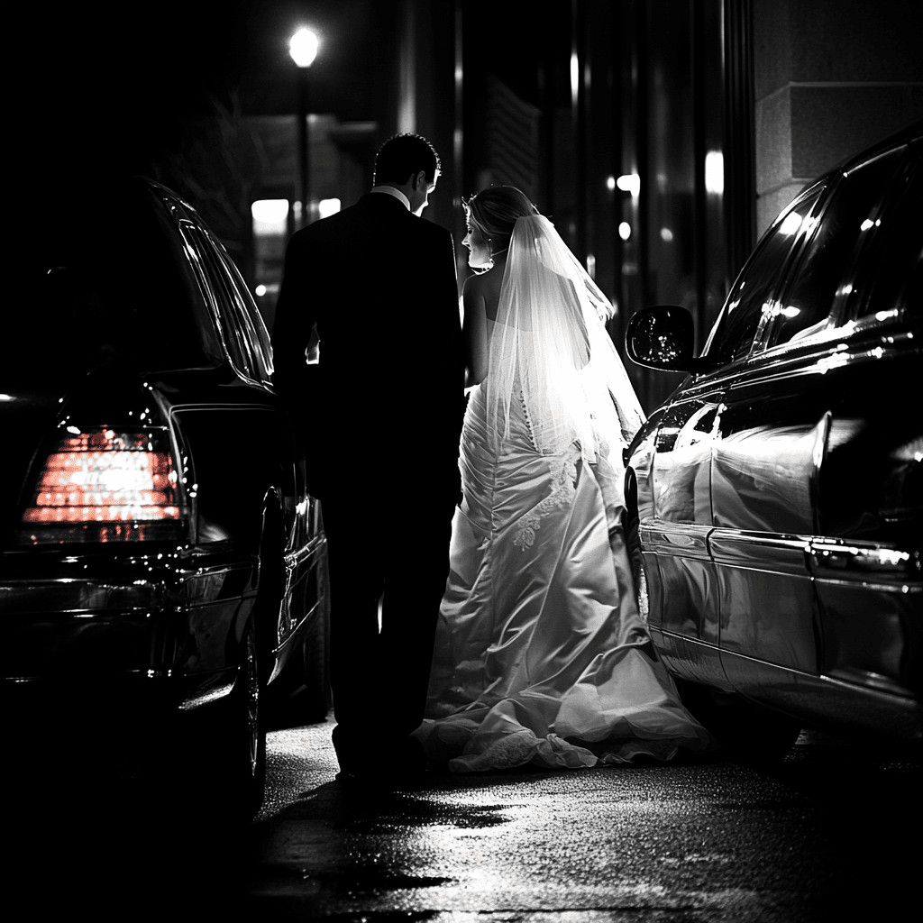 Bride and groom walking between two luxury cars at night, captured in a timeless black-and-white style as part of their wedding transportation departure