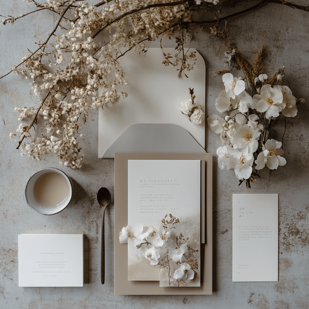 Minimalist bridal shower invitation suite in neutral tones, styled with white flowers, delicate branches, and a cup of tea on a stone background