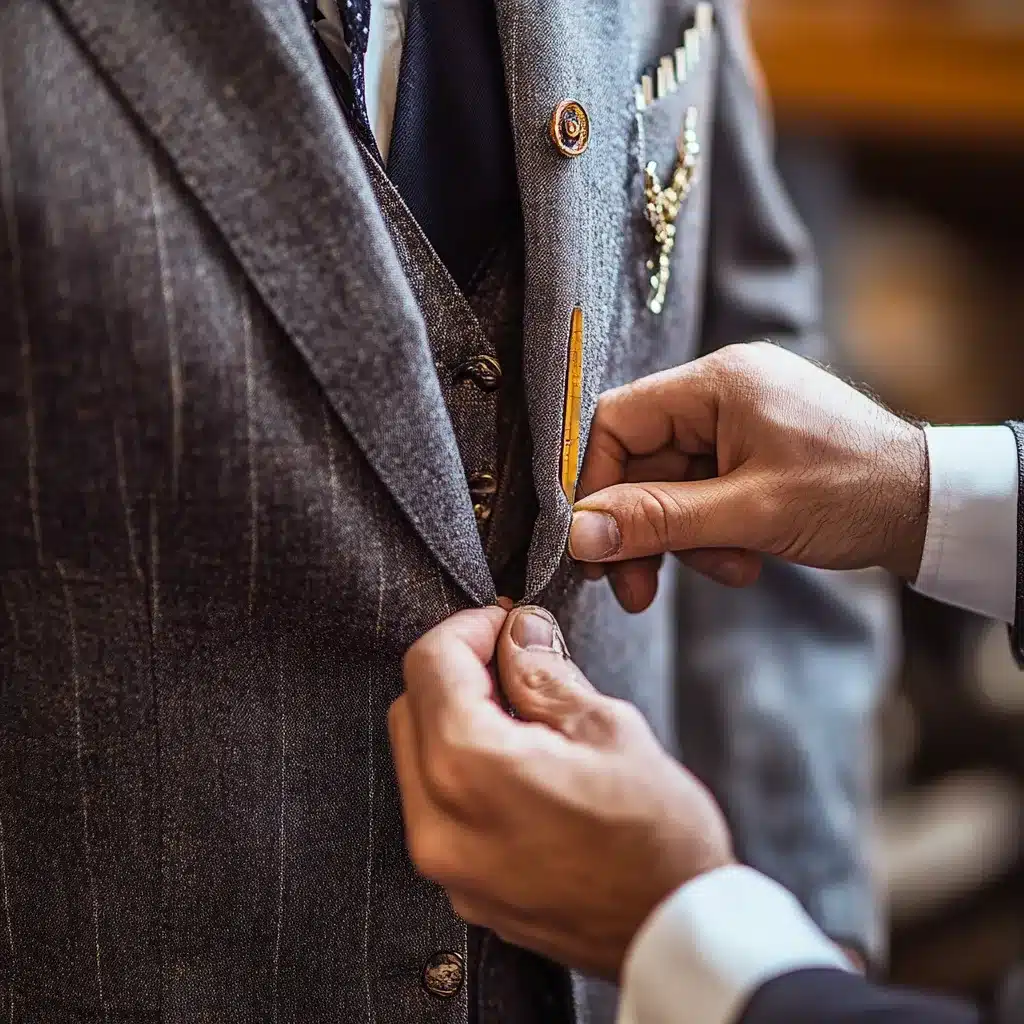 Tailor adjusting a groomsman’s suit sleeve during a fitting, showcasing precision alterations and attention to detail for a perfectly polished wedding look