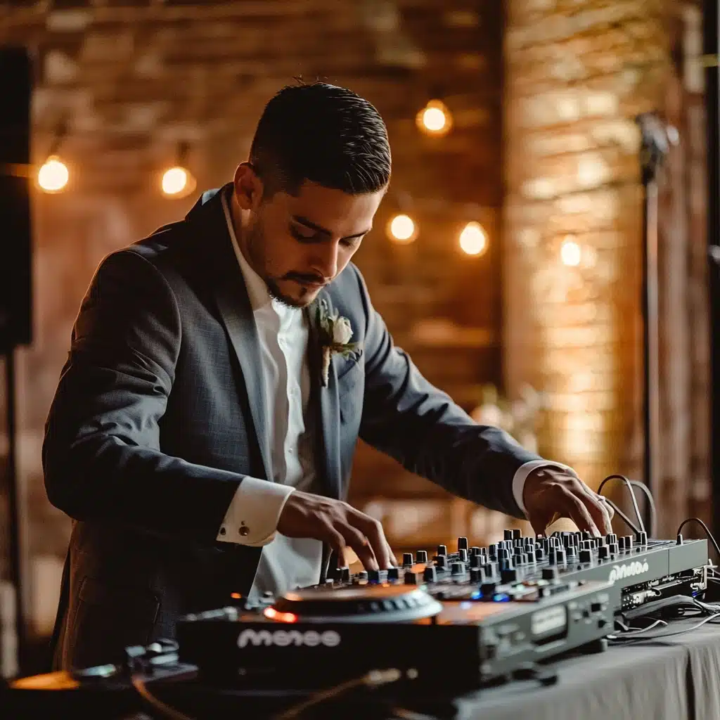 Wedding DJ managing ceremony sound with professional audio mixer and laptop, showcasing essential sound setup for flawless music logistics by Michaelis Events.