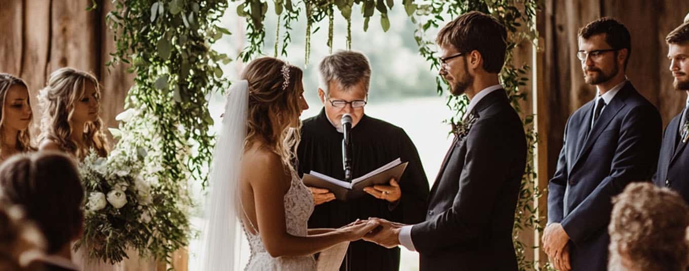 Wedding couple with officiant signing legal documents, highlighting credential and legal requirements for a valid wedding ceremony