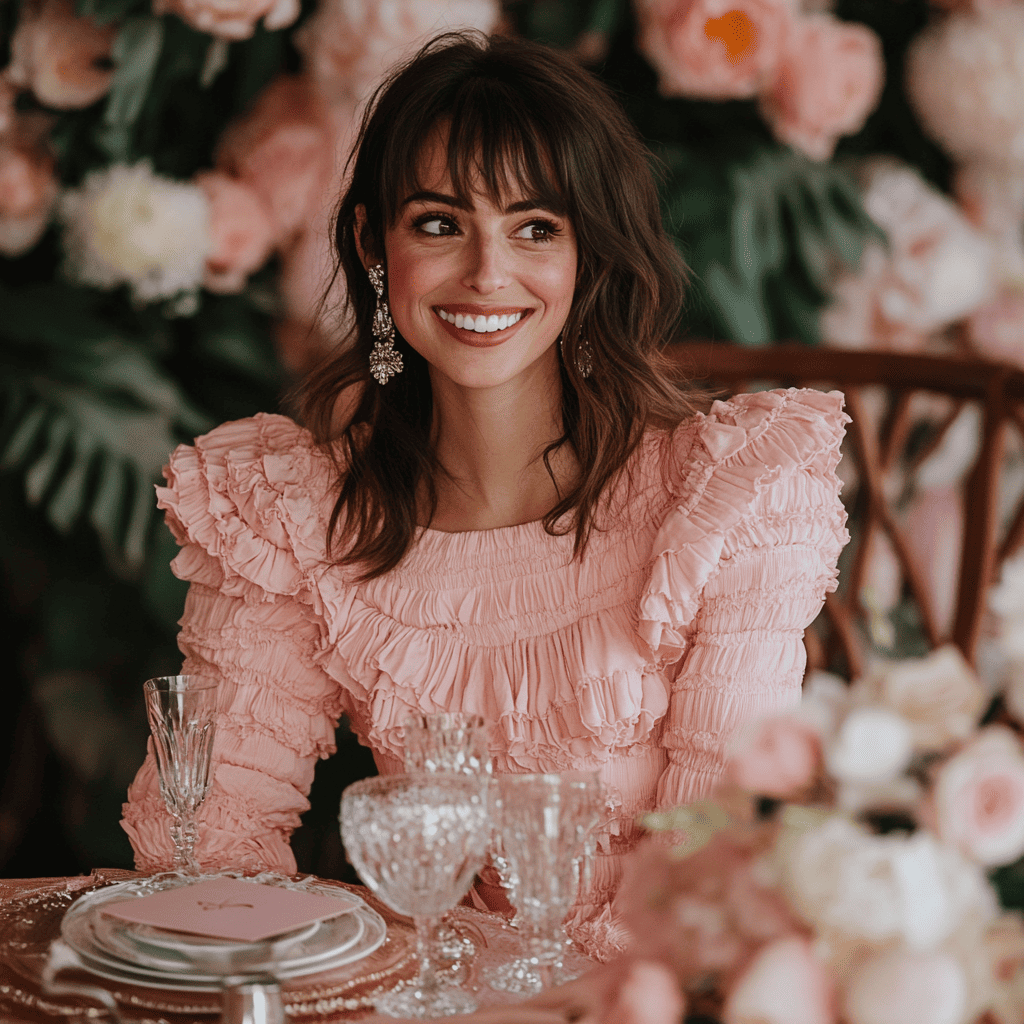 Smiling woman in a blush pink ruffled dress sitting at an elegantly decorated wedding reception table with lush floral arrangements and crystal tableware