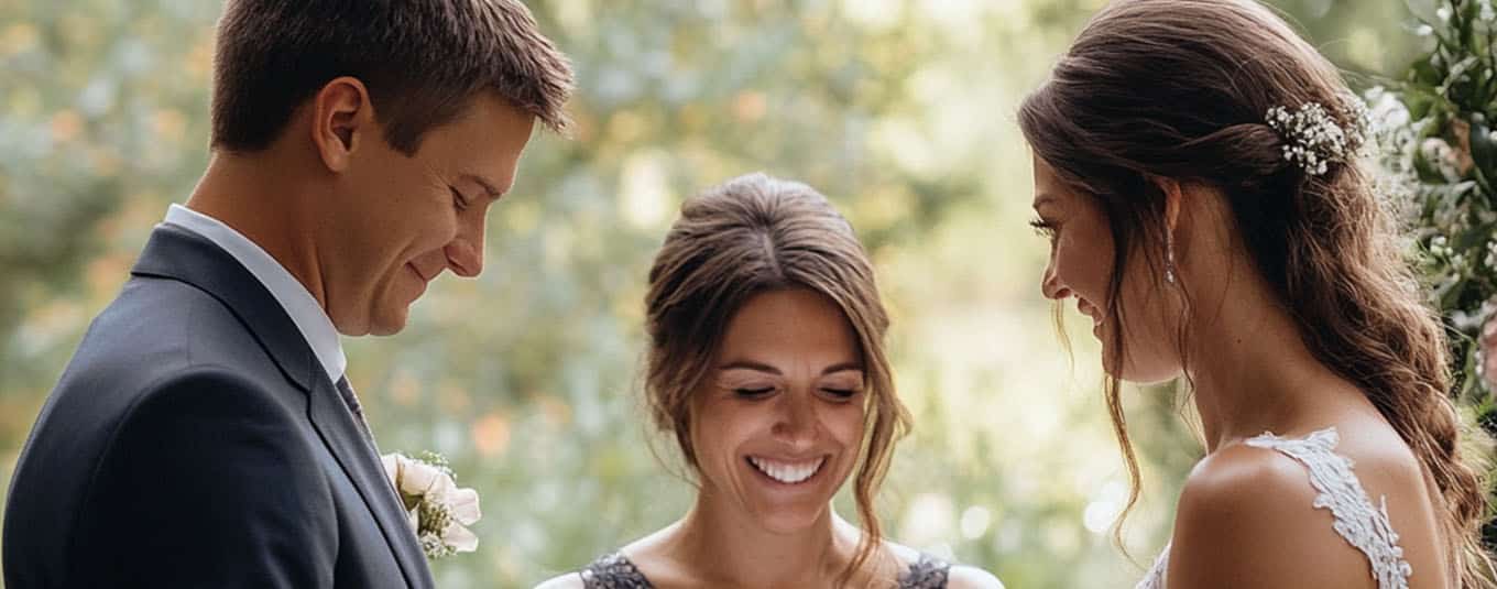 Bride and groom standing with their wedding officiant during a heartfelt ceremony, showcasing style and compatibility advice from Michaelis Events