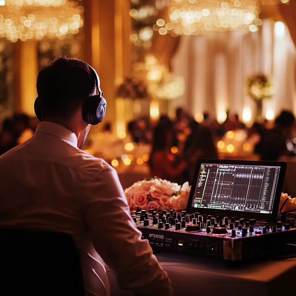 Bride and groom walking down the aisle with live wedding ceremony musicians performing in the background at a romantic outdoor venue