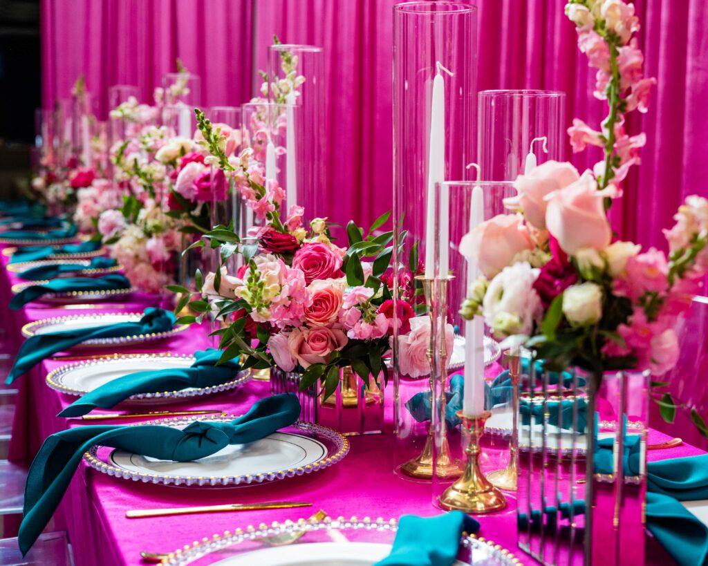 Feminine pink-themed corporate event with custom décor and floral design by Michaelis Events, featured in their corporate event planning resources.