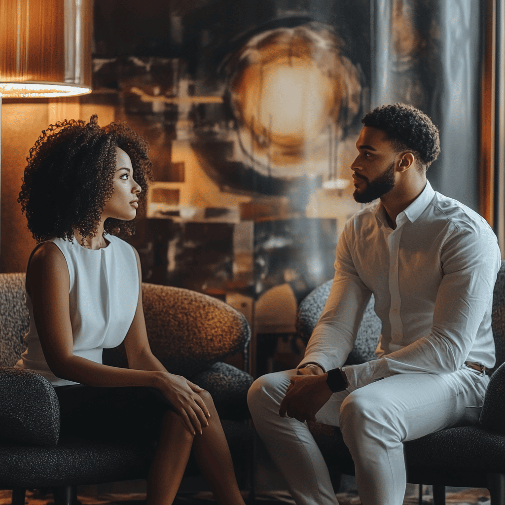 Engaged couple in a thoughtful premarital counseling session, discussing relationship goals and communication techniques before marriage in Louisville, KY
