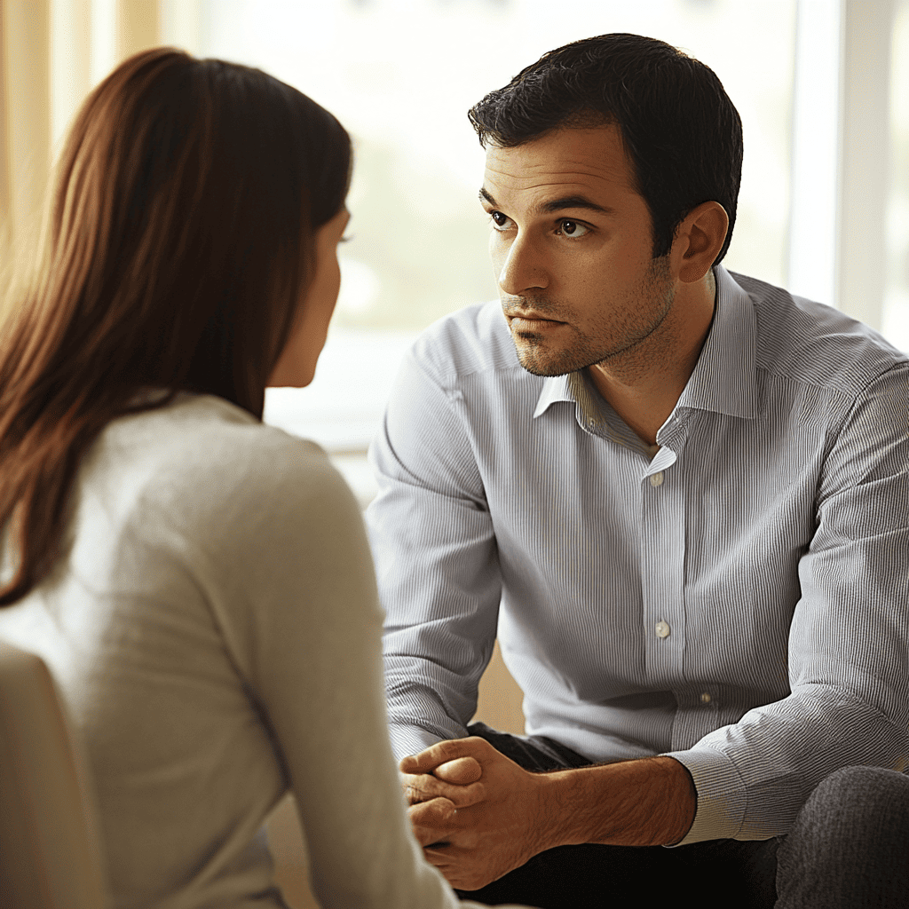 Couple in a focused premarital counseling session discussing communication strategies and future marriage goals before their wedding