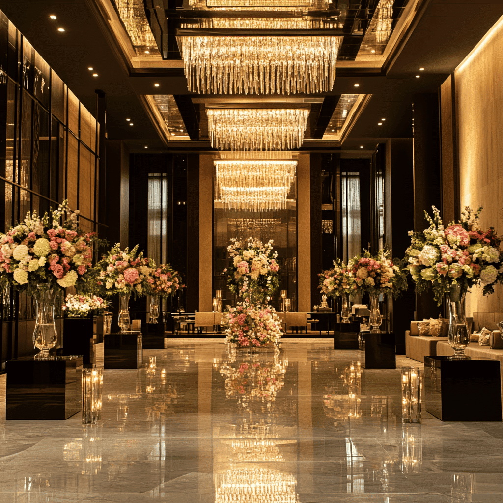 A stunning hotel lobby set for wedding guests arriving through a reserved hotel block—perfect for a grand welcome or pre-reception cocktail gathering.