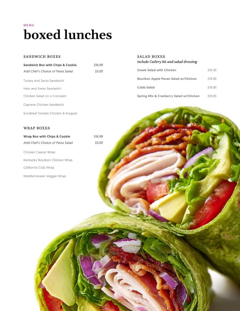 Best dinner and lunch Buffet events caterer and food menu ideas in louisville ky by Michaelis Events and Catering - Boxed Lunch Menu Drop-Off Catering Buffet Menu Packages with Pricing in Louisville KY