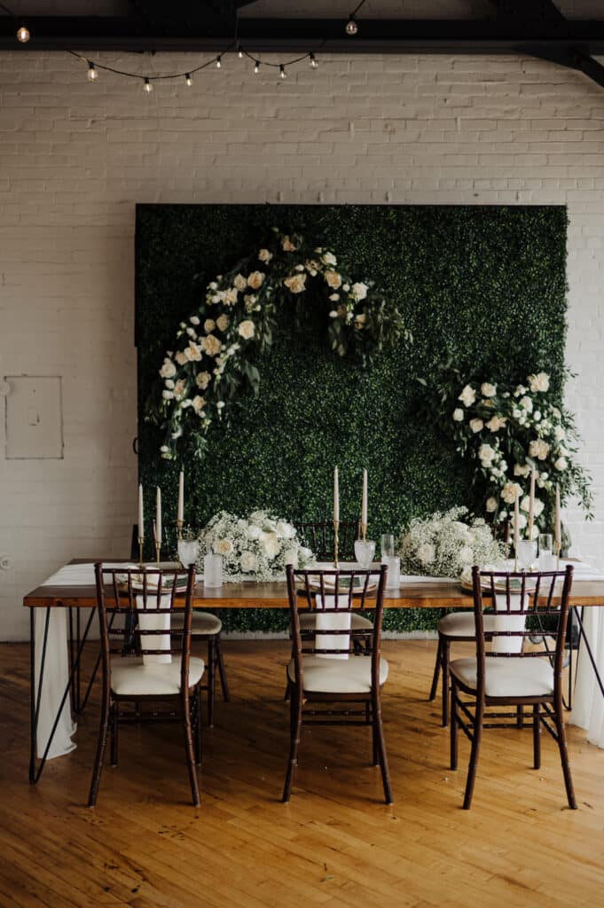 Best Wedding Florist in Louisville, Kentucky - Michaelis Events wedding green, white, and ivory greenery wedding with an industrial flower style at The Pointe in Butchertown Louisville KY. Close to downtown Louisville. Best Wedding Florist in Louisville, Kentucky - Michaelis Events wedding green, white, and ivory greenery wedding with an industrial flower style at The Pointe in Butchertown Louisville KY. Close to downtown Louisville.