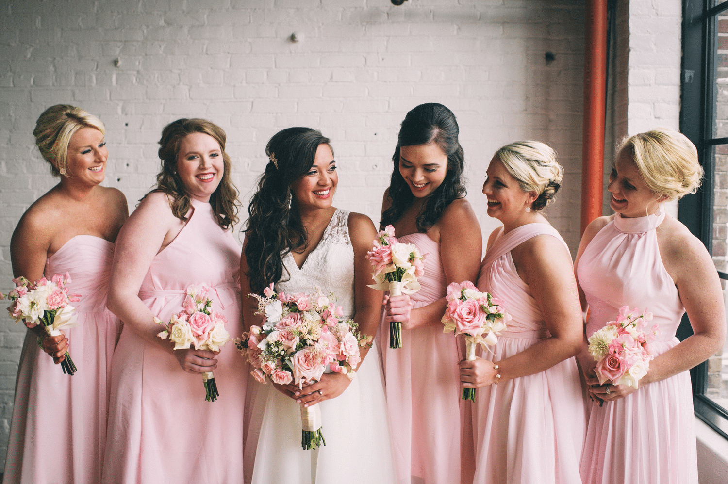 Best Wedding Florist in Louisville, Kentucky - Michaelis Events pink roses and dahlias wedding bouquets at The Pointe in Butchertown Louisville KY Delivery Florist Louisville KY - Michaelis Events pink roses and dahlias wedding bouquets at The Pointe in Butchertown Louisville KY