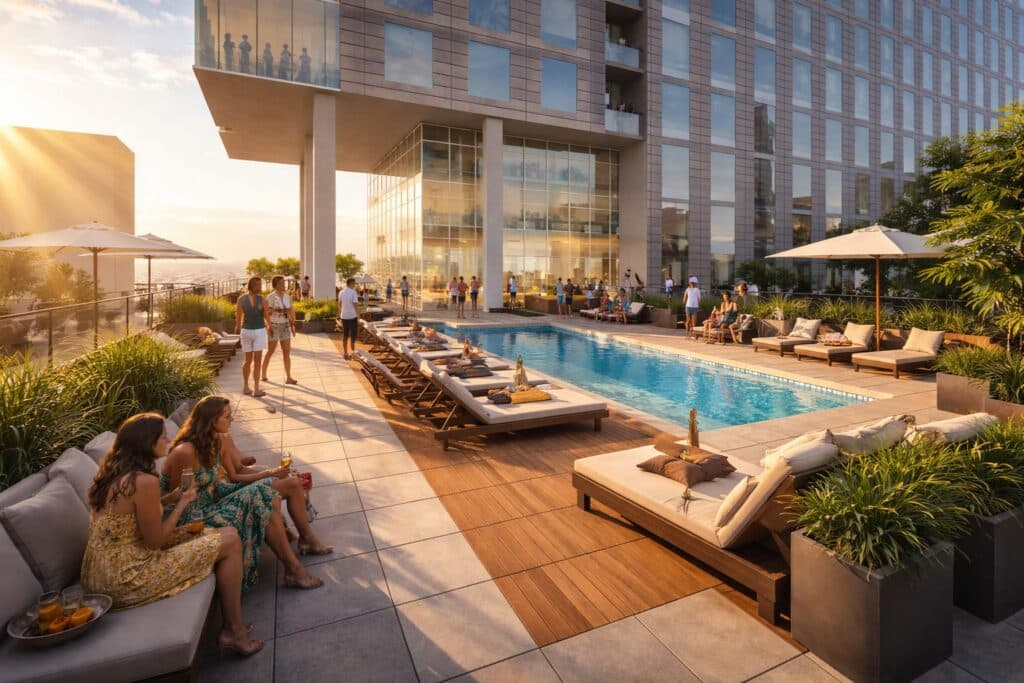 Guests watching the Kentucky Oaks race at Omni Louisville Hotel rooftop watch party with cocktails and city views